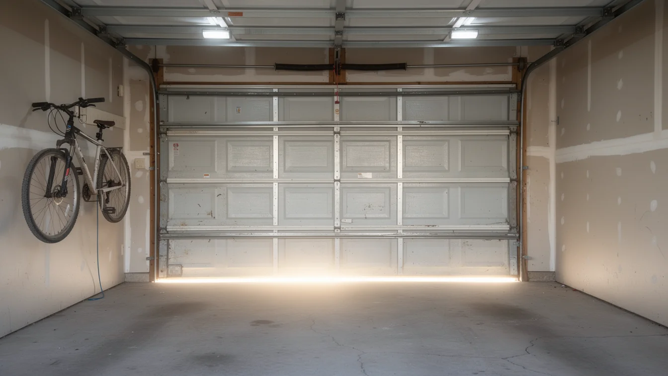 The garage door is partially open with sunlight shining underneath.