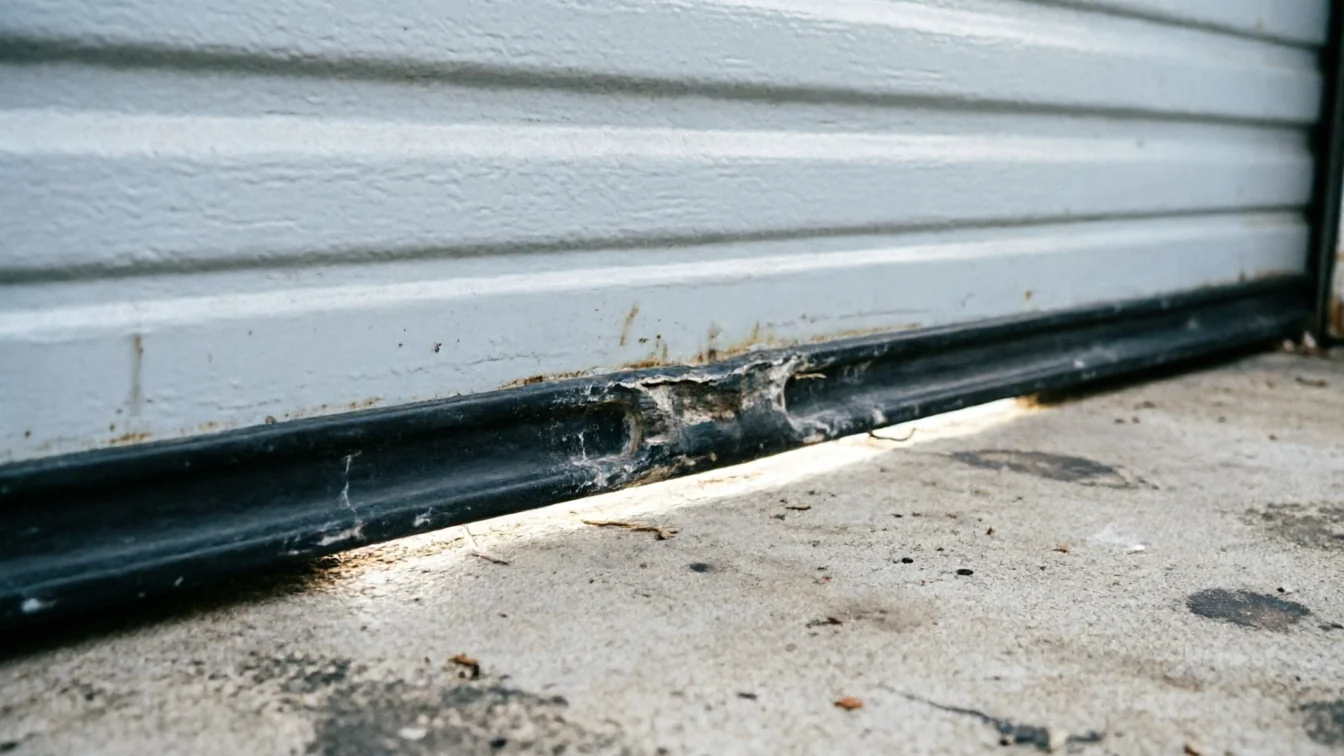 The bottom of a white garage door shows rust and a damaged weather seal.