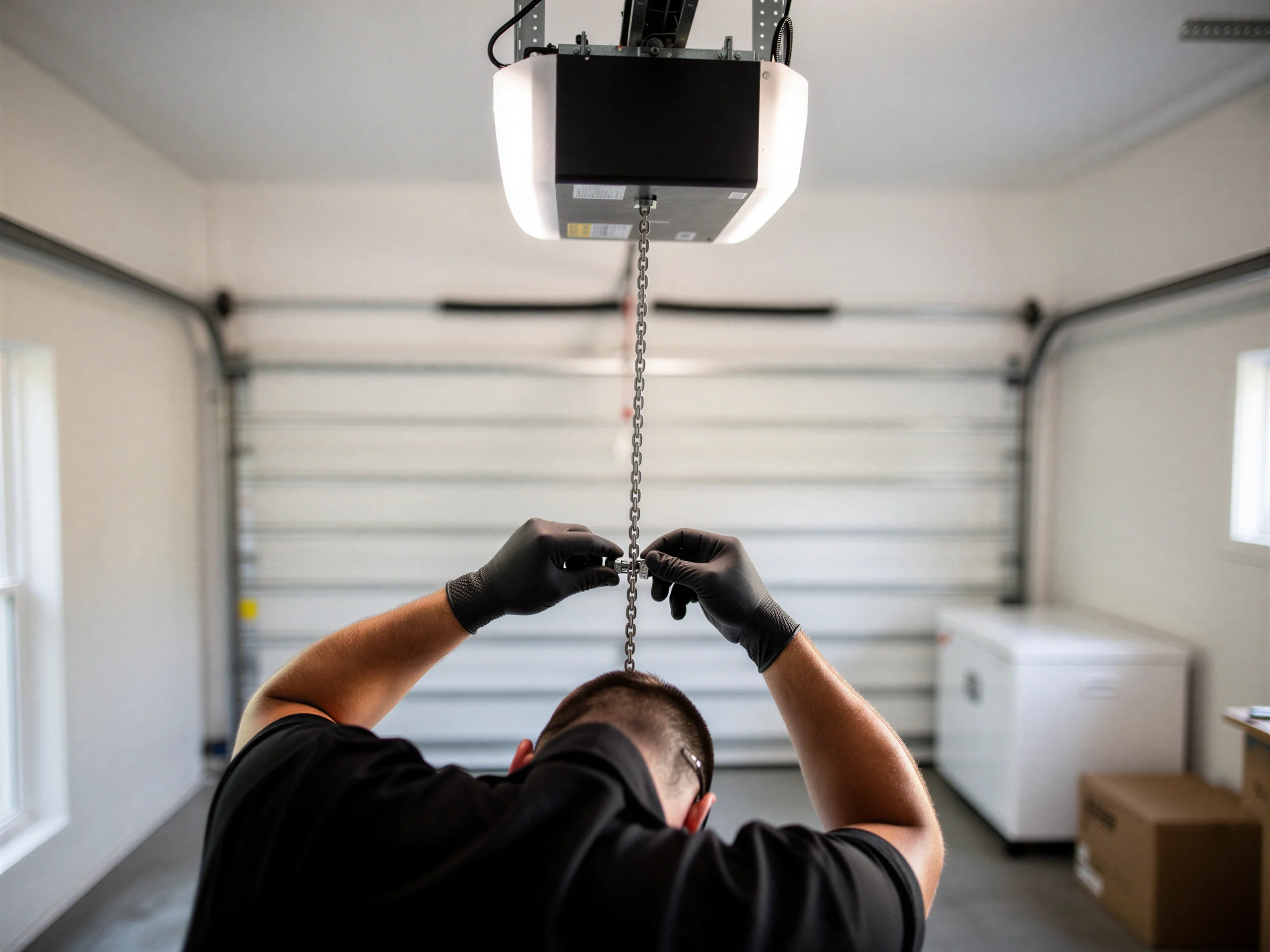 A technician in black gloves works on a garage door opener chain.