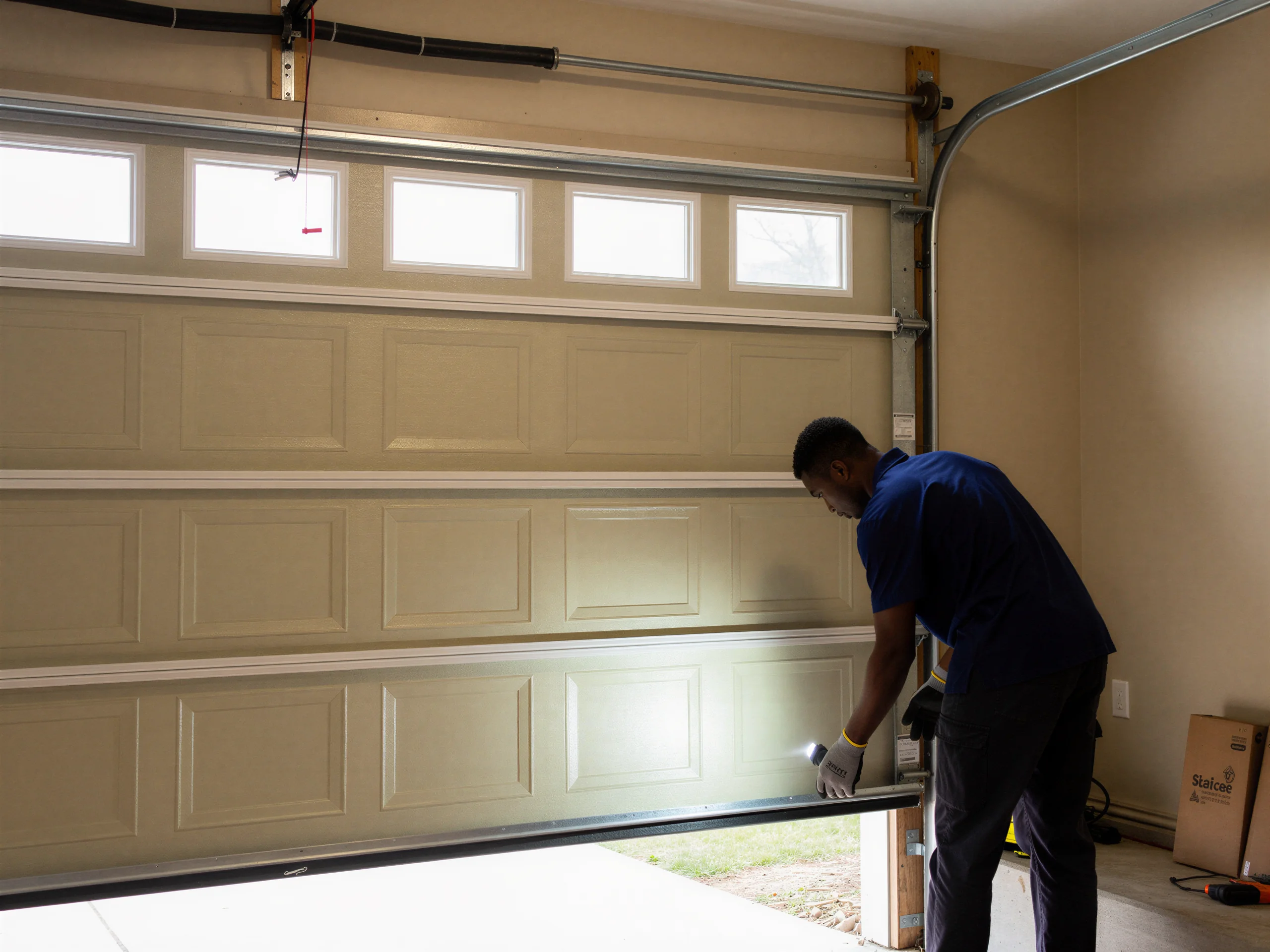A technician shines a flashlight on the bottom of a tan garage door.