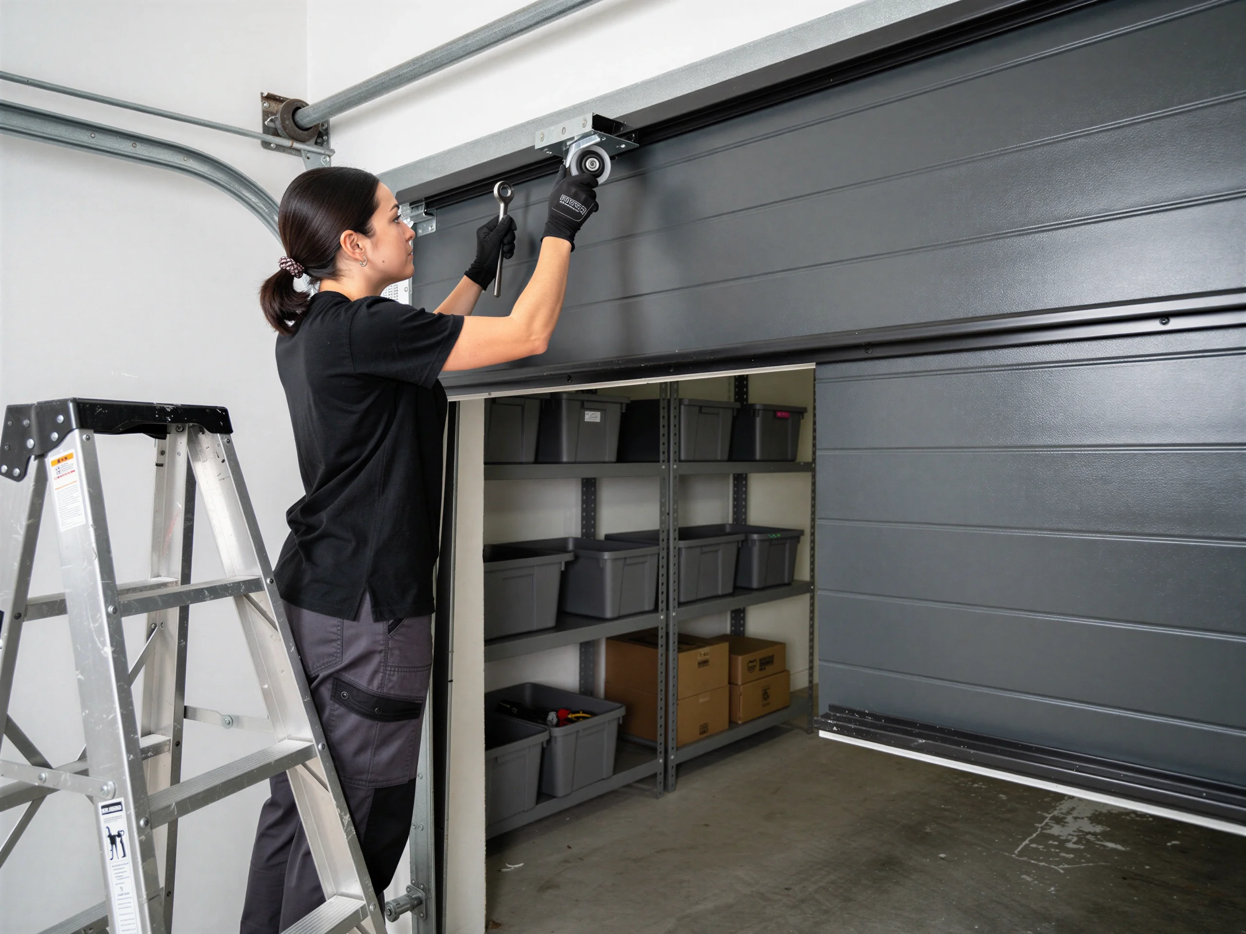 A technician on a ladder adjusts a gray garage door with a wrench.