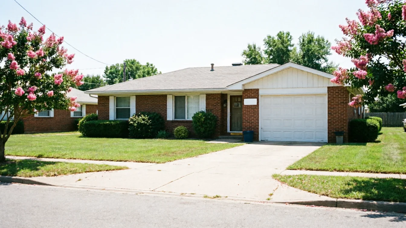 A brick house with a white garage door and a green lawn.